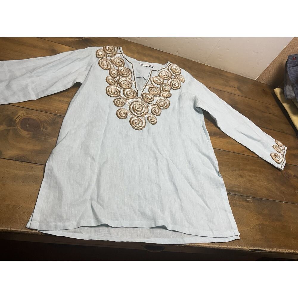 Barbara Gerwit Blue Linen Embroidery Tunic Top Blouse Cover Up Medium - Picture 6 of 14